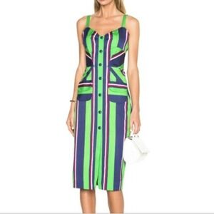 Tanya Taylor Antonia Green Navy Striped Button Front Midi Dress Size‎ 6 Pocket